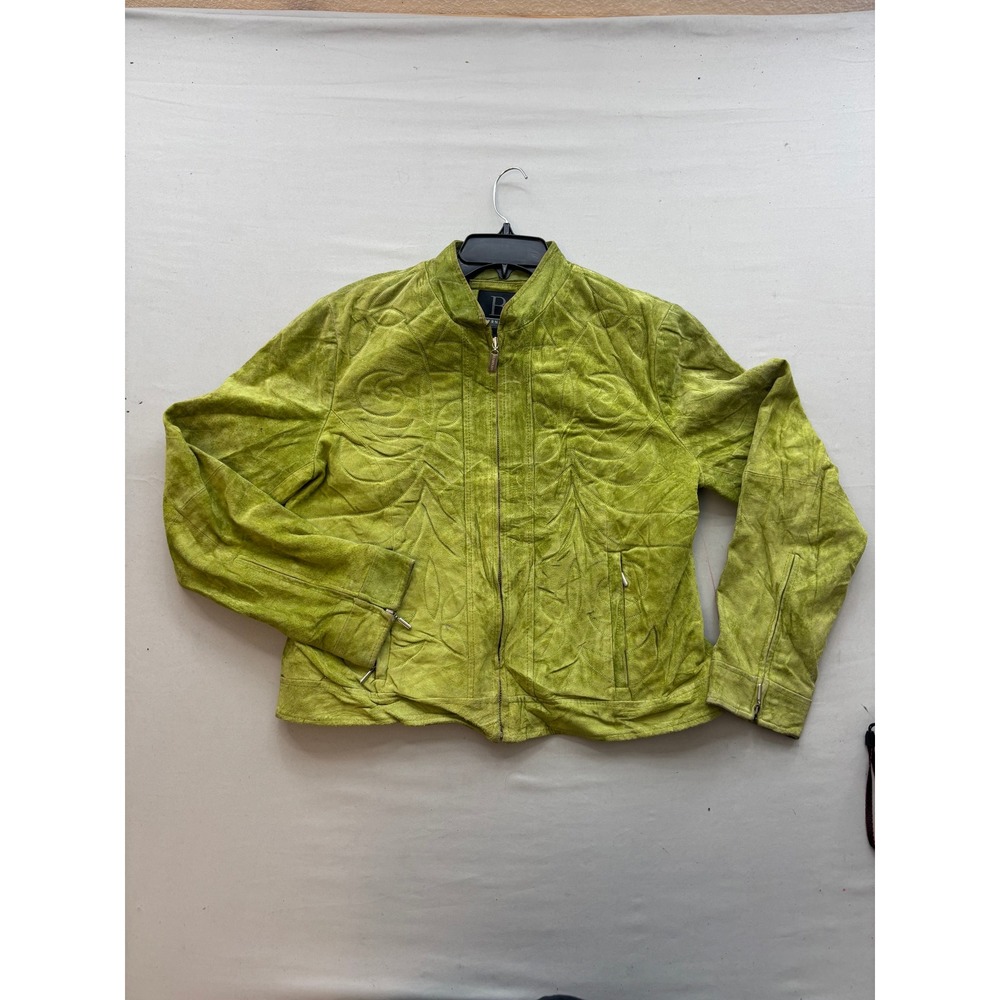 By Bernardo Lime Green Suede Leather Quilted Leaf Jacket Womens Medium Full Zip